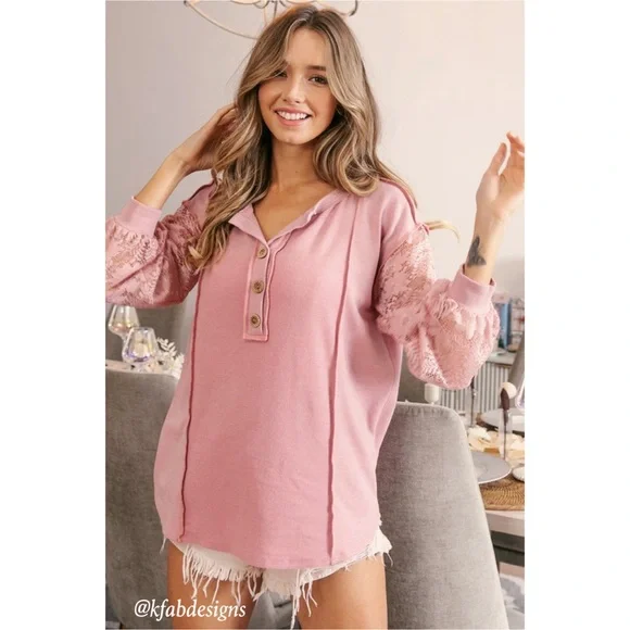 LAST! Button Henley Style Dusty Rose Floral Lace Sleeve Top! - Picture 6 of 13